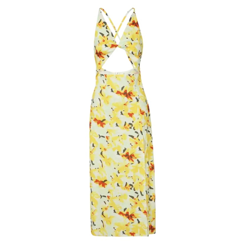 NEW Twist-Front Cut-Out Yellow/Aqua Floral V-Neck Halter Leg-Slit Midi Dress S
